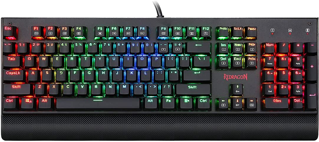 Fekete gamer billentyűzet. RGB világítás, több billentyű. Redragon logó jobbra.