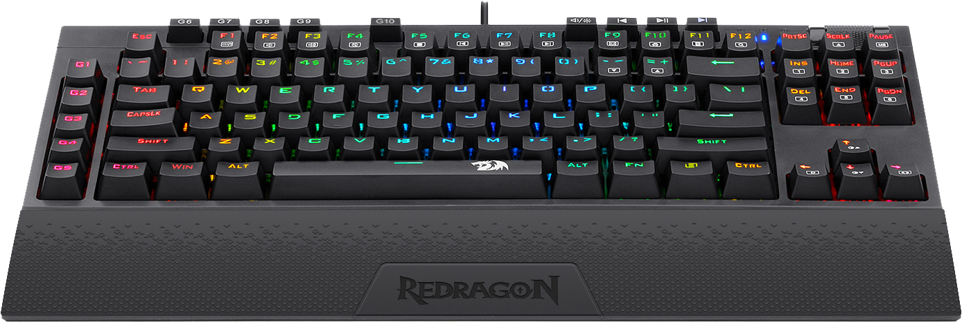 Fekete Redragon billentyűzet színes gombokkal és a Redragon logóval.