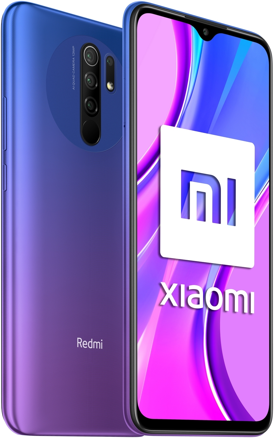 Un teléfono inteligente azul y morado con una pantalla que muestra un logotipo y texto blancos.