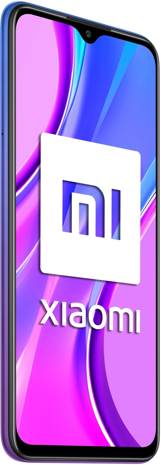 Smartphone azul con logo Xiaomi. Fondo blanco, vista inclinada.