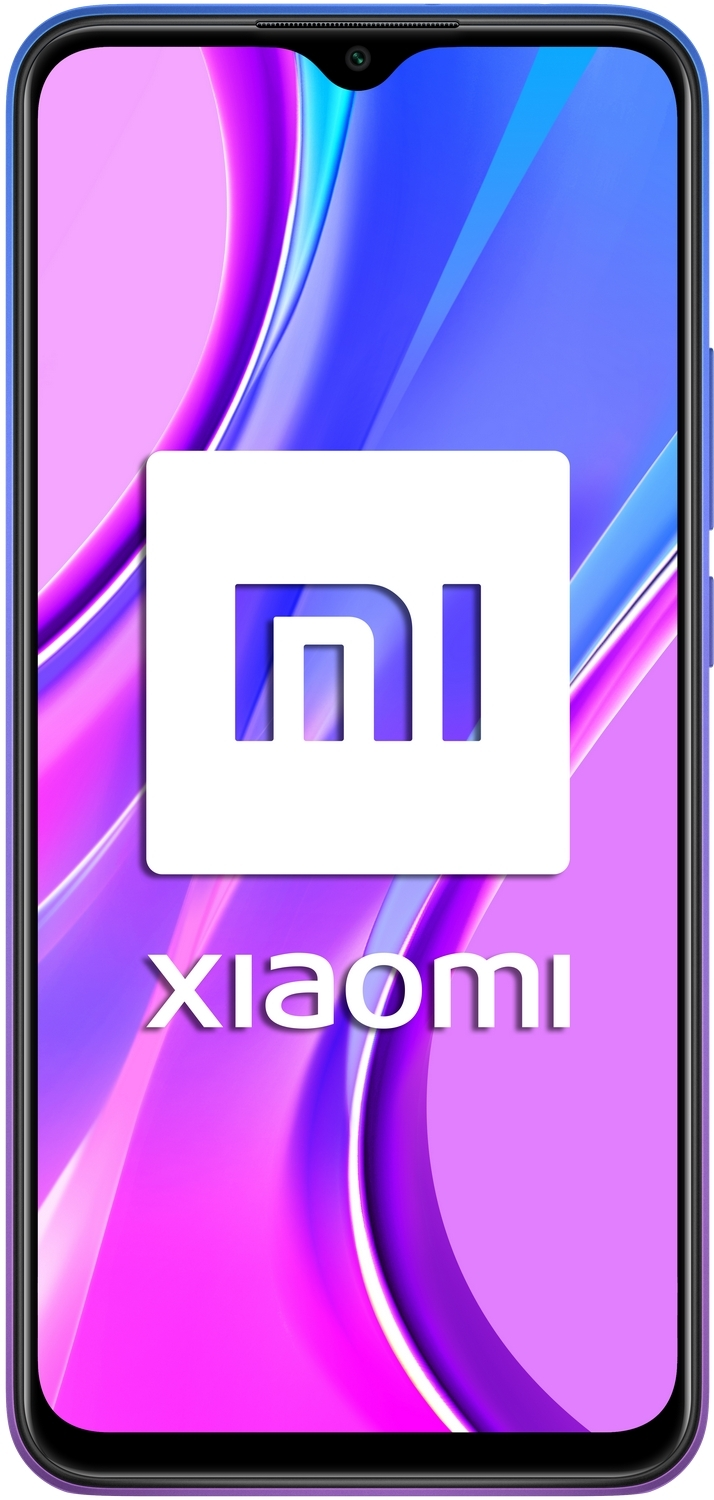 Un teléfono azul con el logotipo blanco de Xiaomi sobre un fondo colorido.