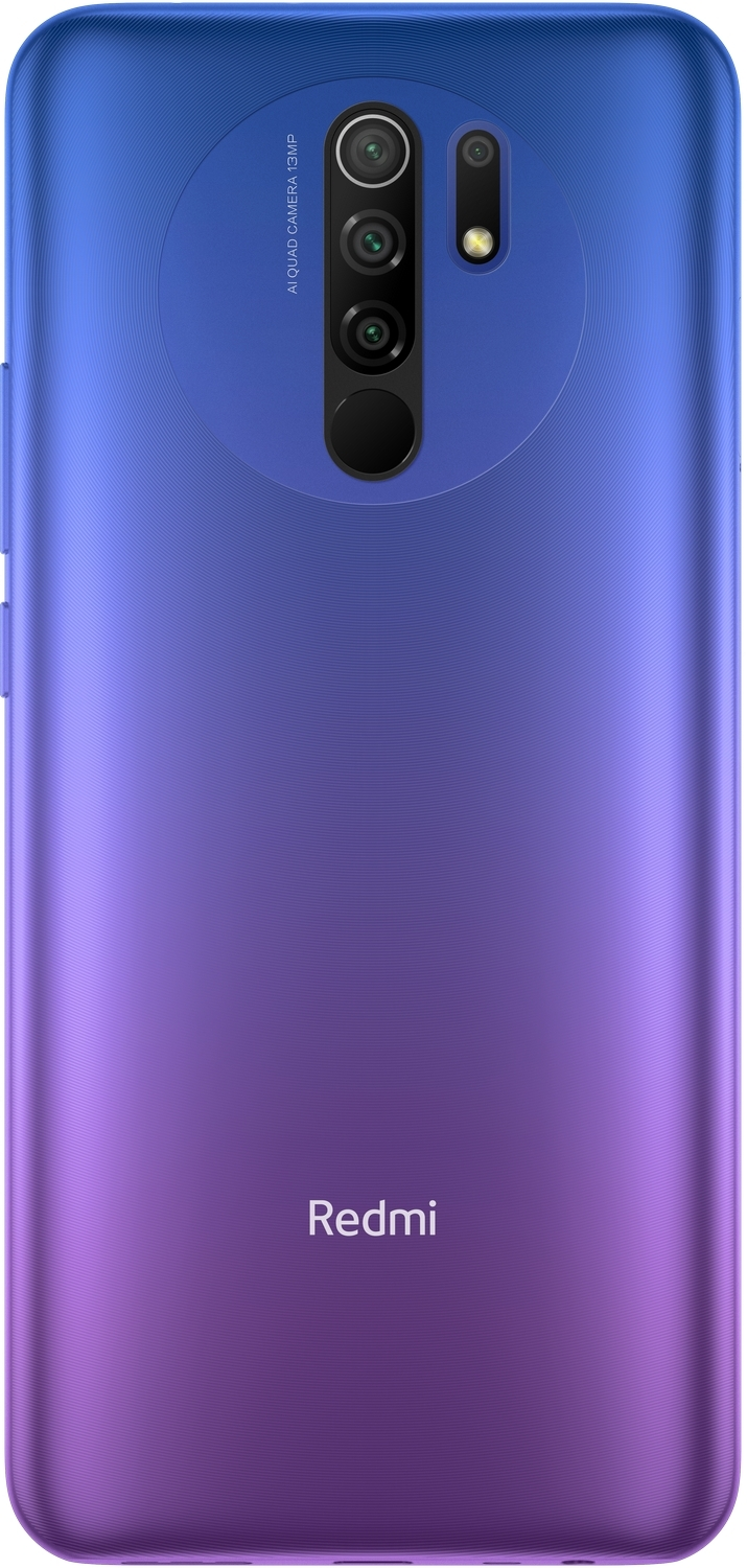 Un smartphone degradado de azul a morado, mostrando las cámaras traseras y el logo de Redmi.