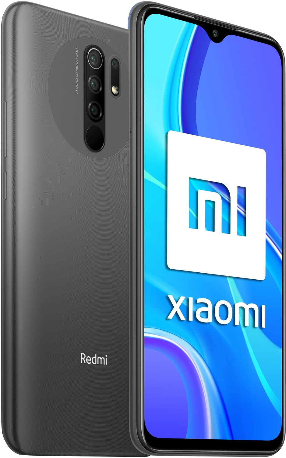 Smartphone gris con tres cámaras y un logotipo de Xiaomi en la pantalla.