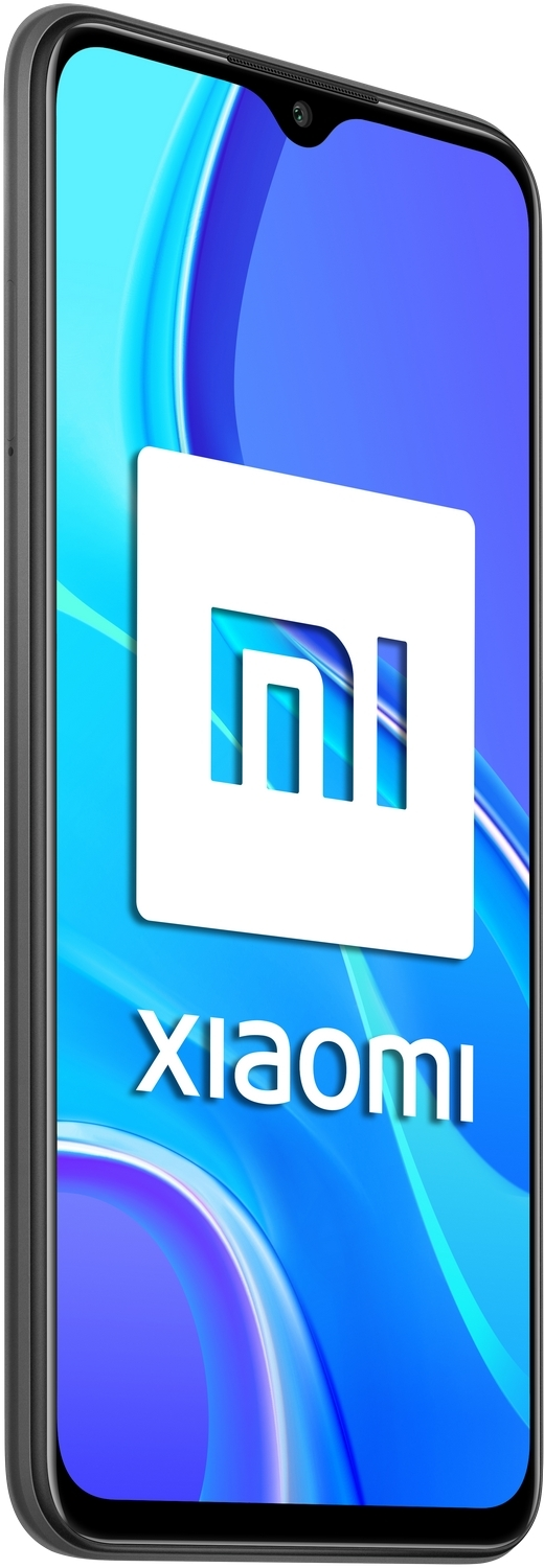 Teléfono Xiaomi negro en ángulo, mostrando el logo.