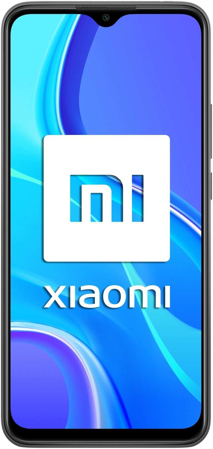 Smartphone Xiaomi. El teléfono muestra el logotipo de Xiaomi sobre un fondo azul degradado.
