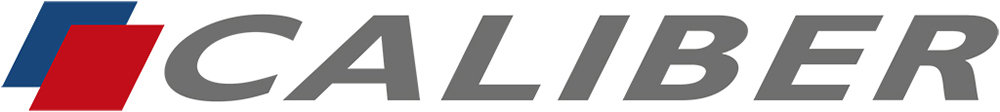 Logo CALIBER, szary tekst z niebieskimi i czerwonymi kształtami.