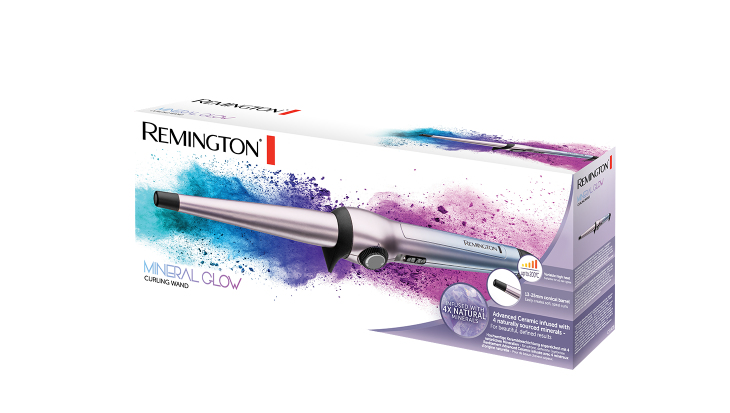 Caja de la varita rizadora Remington. Una caja blanca con un rizador dentro.
