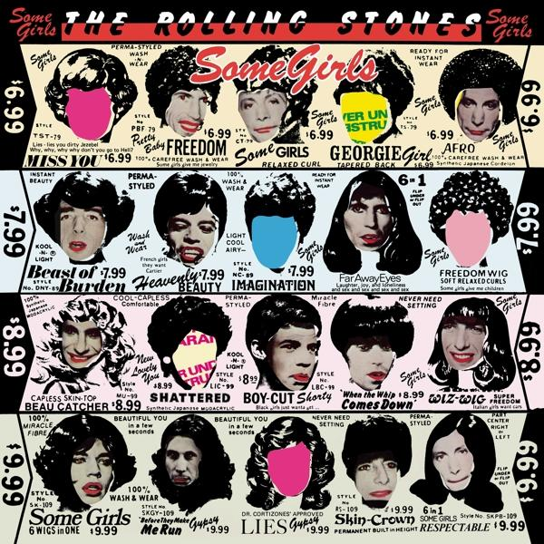 Album borító. Arckollázs, különböző frizurák. Szöveg: 'Some Girls' és árak. Fekete-fehér.