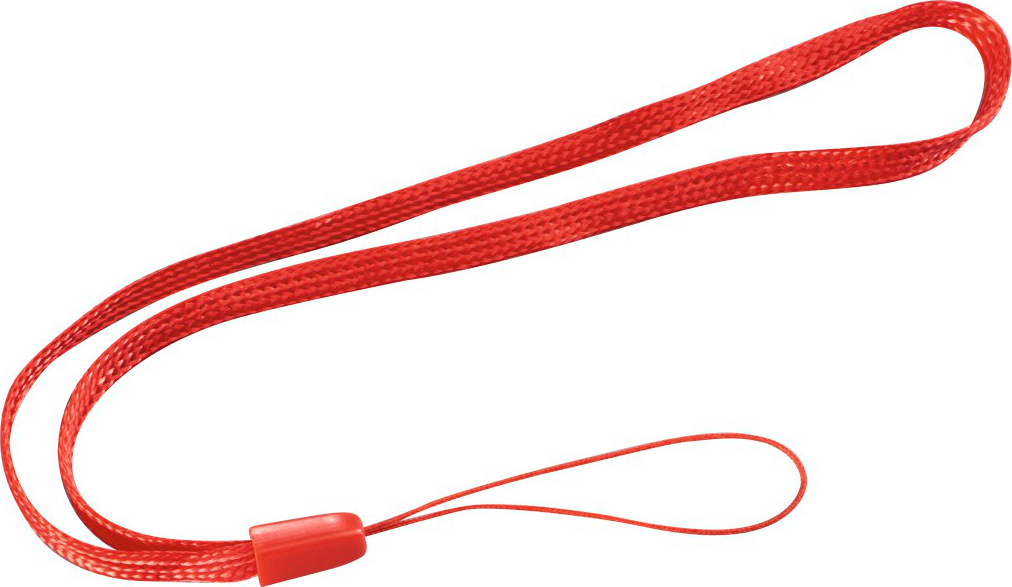 Ein rotes Schlüsselband zum Halten von Gegenständen, mit einer Schlaufe.