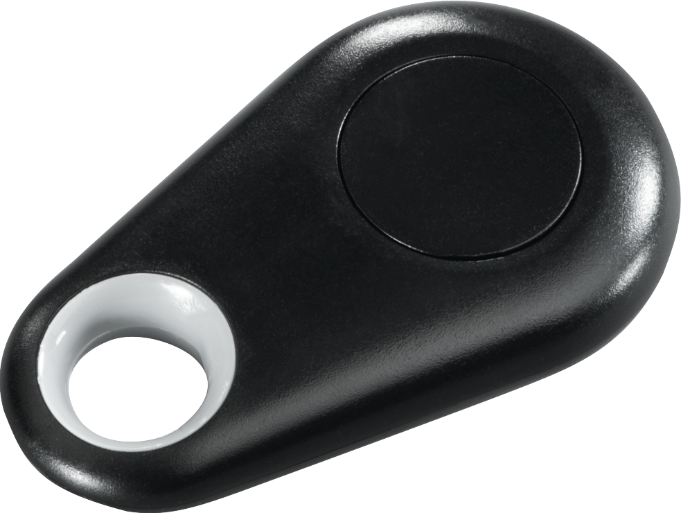 Ein schwarzes, ovales Smart-Tag mit weißem Ring und schwarzem Zentrum.