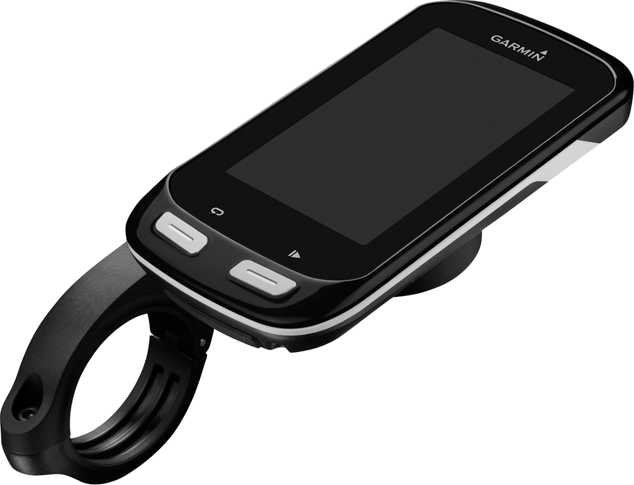 Un ciclocomputer Garmin montato su un manubrio, in bianco e nero, sfondo nero.