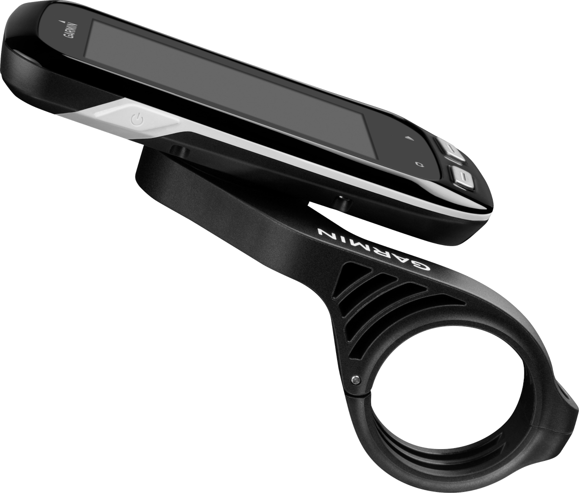 Dispositivo Garmin nero con supporto nero, su sfondo nero.
