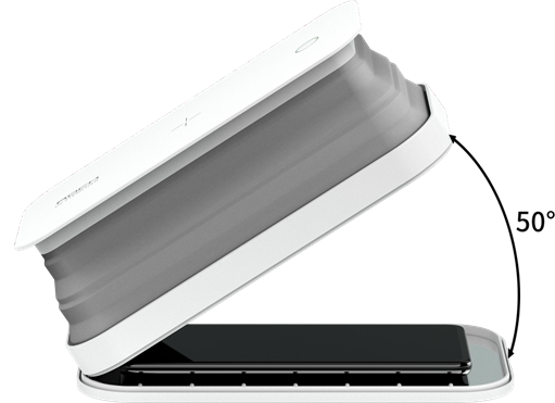 White and gray collapsible device opened at a 50-degree angle, with a phone inside.