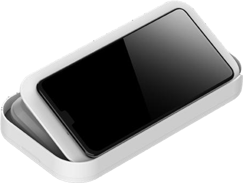 A white case holding a black smartphone with a visible screen.