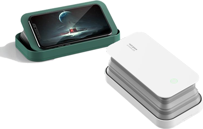 Two phone sterilizers. One green, one white. Both have phones in them.