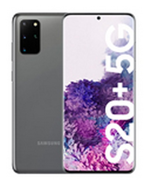 Smartphone gris Samsung S20+ 5G, vista trasera con cámara y pantalla frontal.