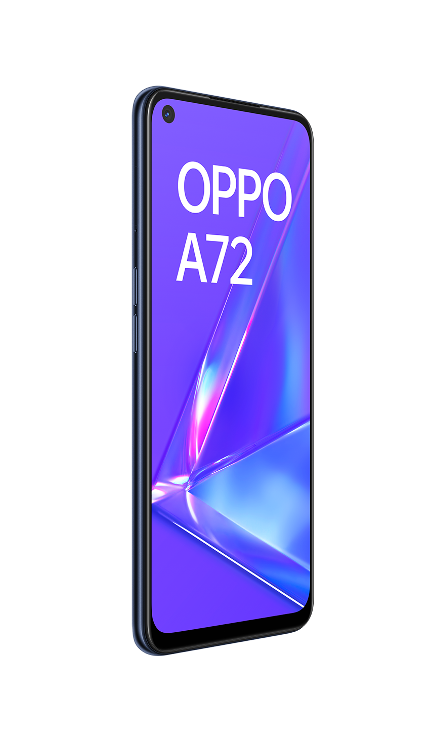Smartphone Oppo A72, vista en ángulo, con fondo negro.