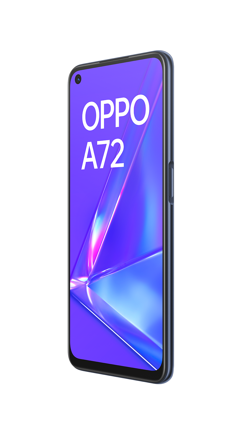 Smartphone OPPO A72 sobre un fondo negro. El teléfono tiene un color degradado púrpura-azul.