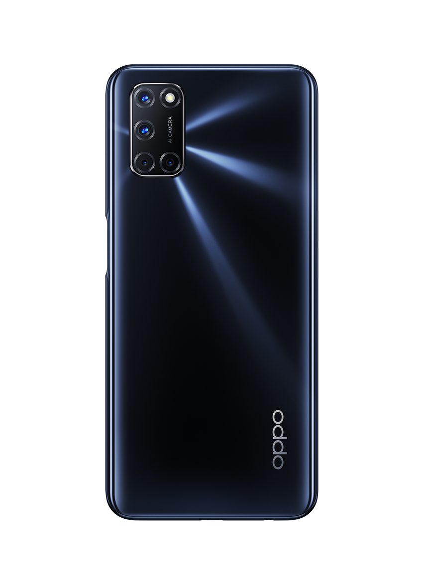 Un teléfono Oppo negro. La parte trasera tiene cámaras y el logo Oppo.