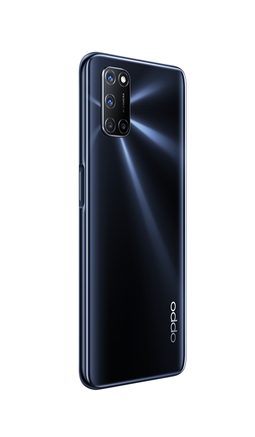 Teléfono Oppo negro, lentes de cámara en la parte trasera, fondo negro. Logotipo Oppo, diseño elegante.