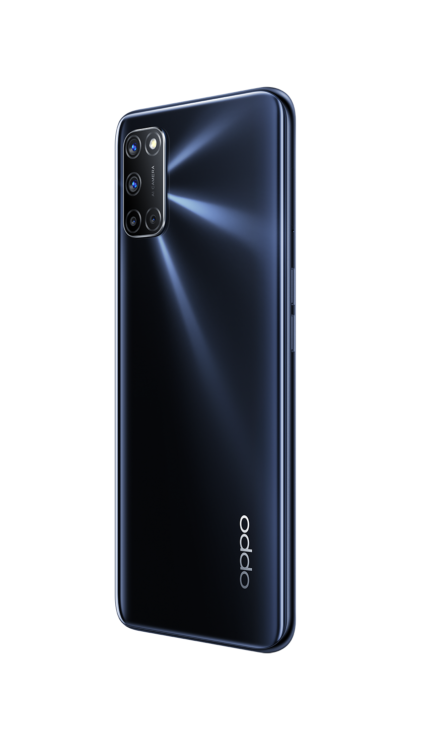 Teléfono Oppo negro, vista trasera, con cámara y logo, sobre fondo negro.