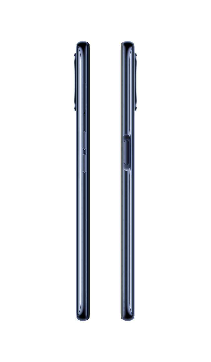 Dos teléfonos uno al lado del otro, con un degradado azul oscuro y bordes negros.