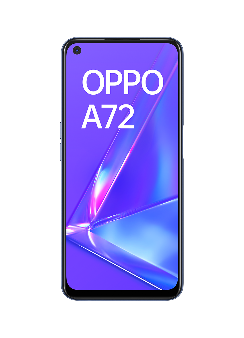 Una pantalla de smartphone que muestra el texto 'OPPO A72' sobre un fondo azul y morado.