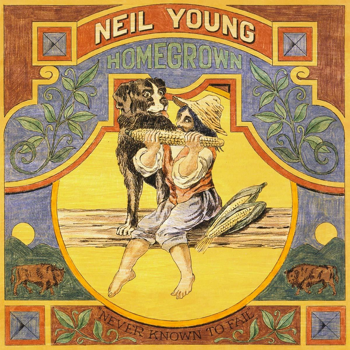 Neil Young 'Homegrown' album borítója. Férfi kutyával, kukoricával és bivalyokkal. Rusztikus stílus, színes, farm téma.