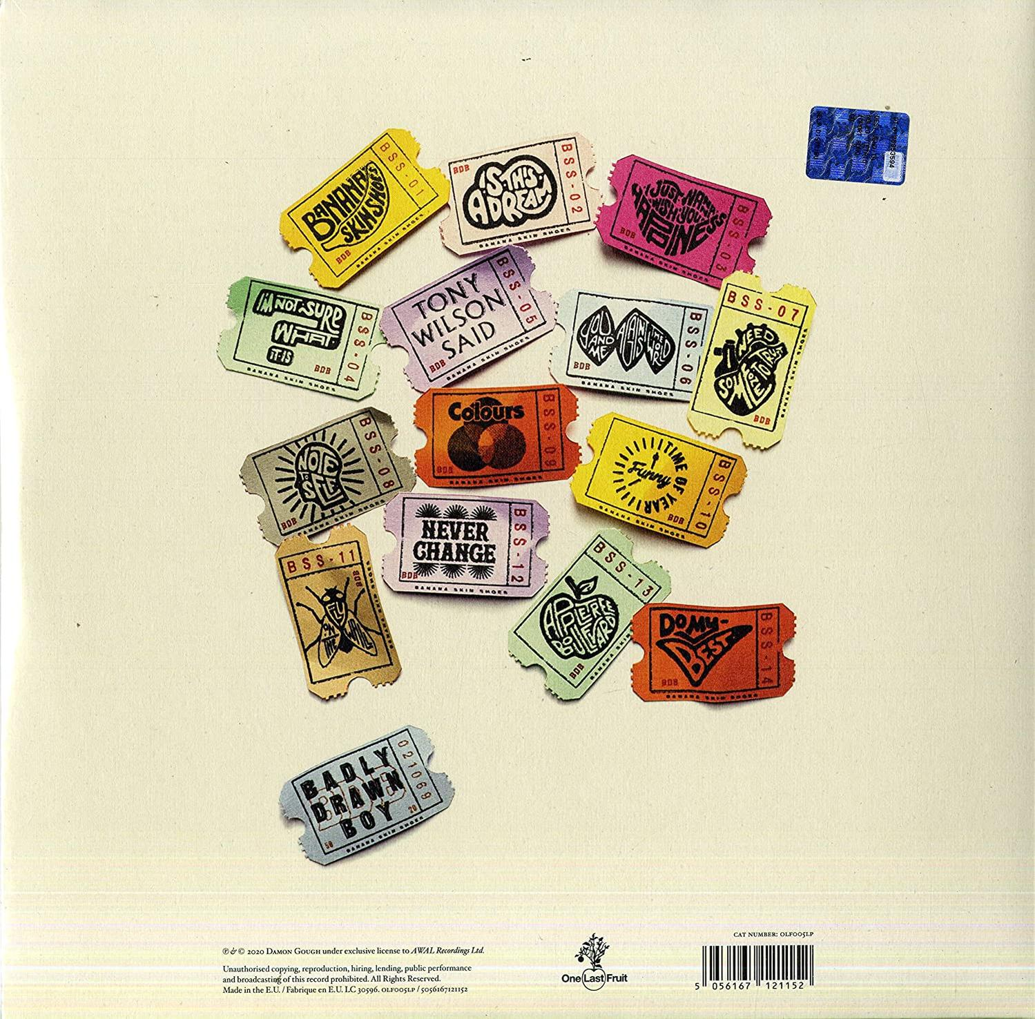 Albumcover mit bunten Tickets, die auf beigem Hintergrund verstreut sind.