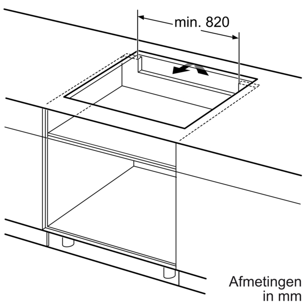 Diagram showing dimensions for a kitchen appliance installation.