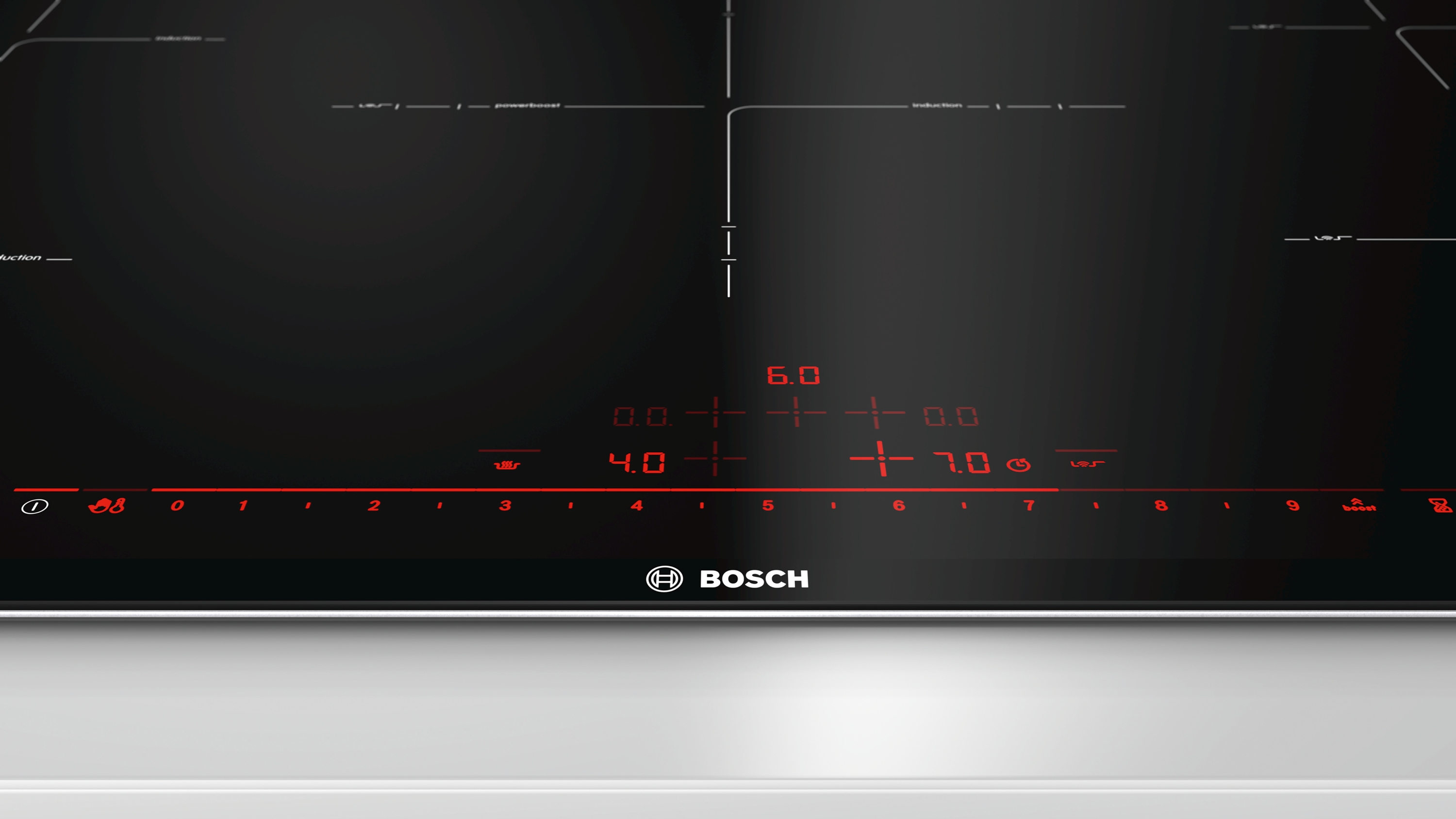 Black Bosch induction cooktop with illuminated controls. Red numbers indicate settings.