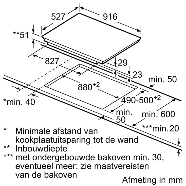 Diagram of a cooktop with dimensions, showing rectangular cutout with measurements in mm.