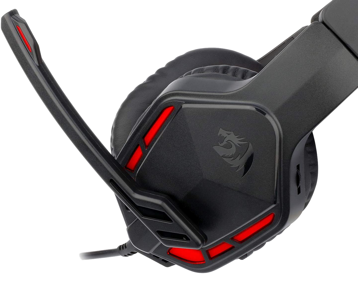 Fekete és piros gamer headset. A mikrofon ki van nyújtva. Piros részletek a fülkagylókon.