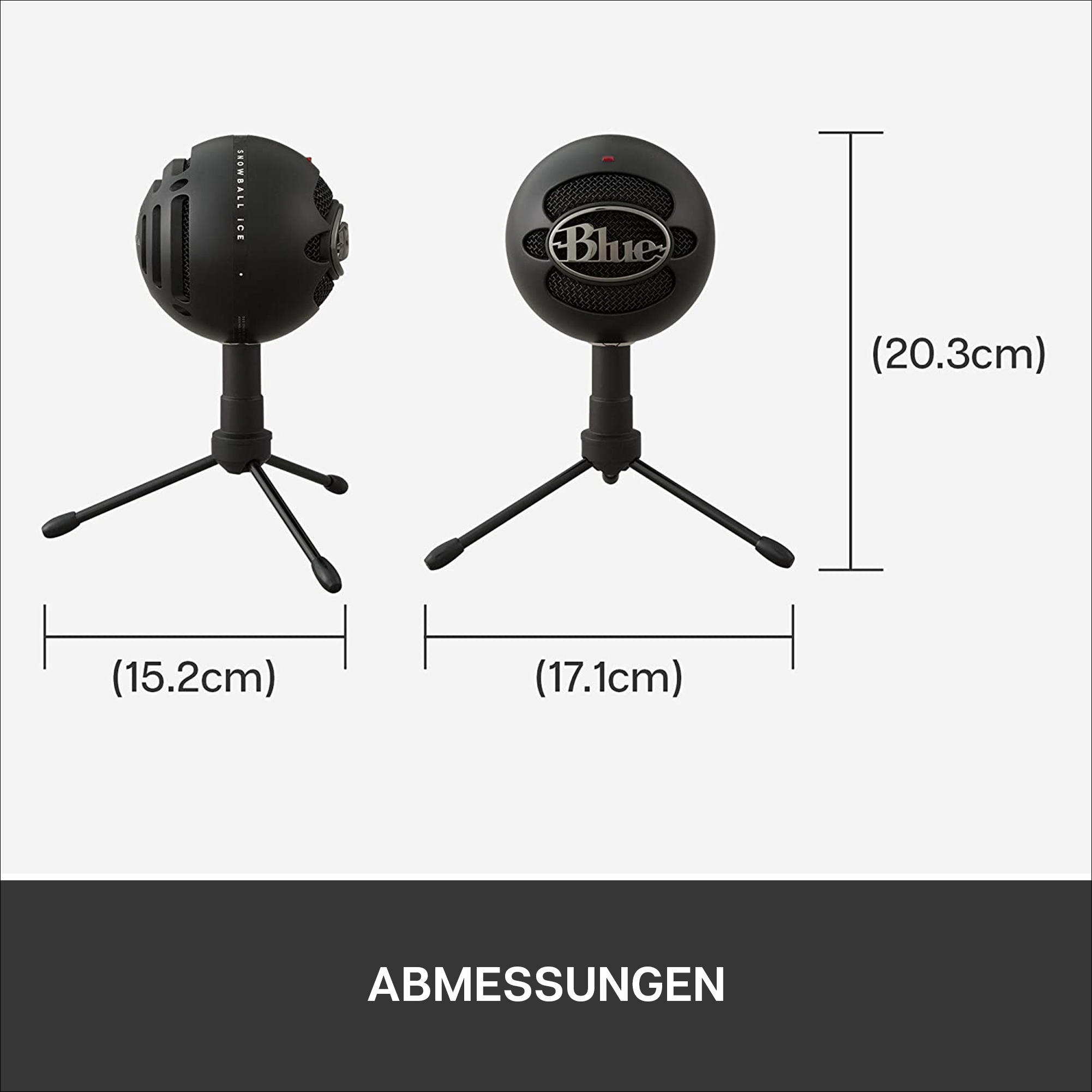 Zwei schwarze Mikrofone auf Ständern, eins links, eins rechts. Abmessungen sind angezeigt.