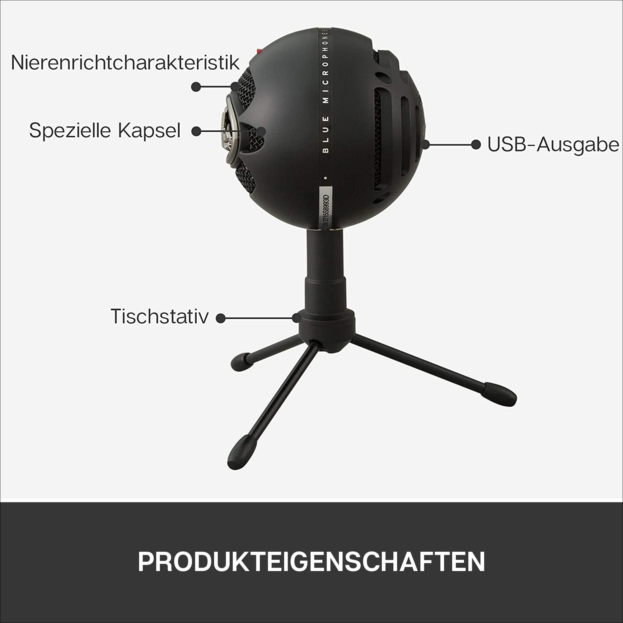 Ein schwarzes Mikrofon auf einem Ständer, mit Beschriftungen.