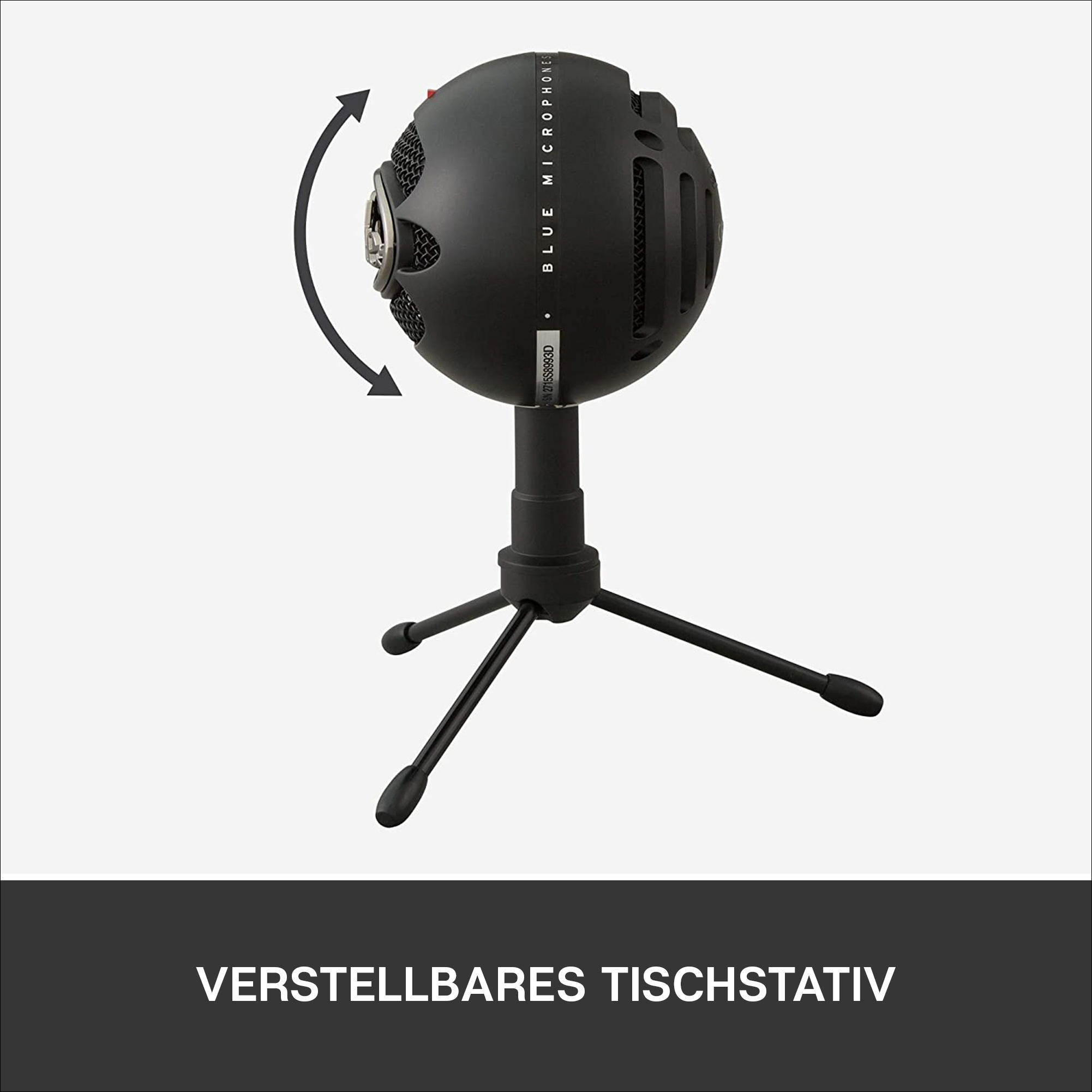 Schwarzes Blue Mikrofon auf einem Stativ, mit Pfeil zur Einstellung.