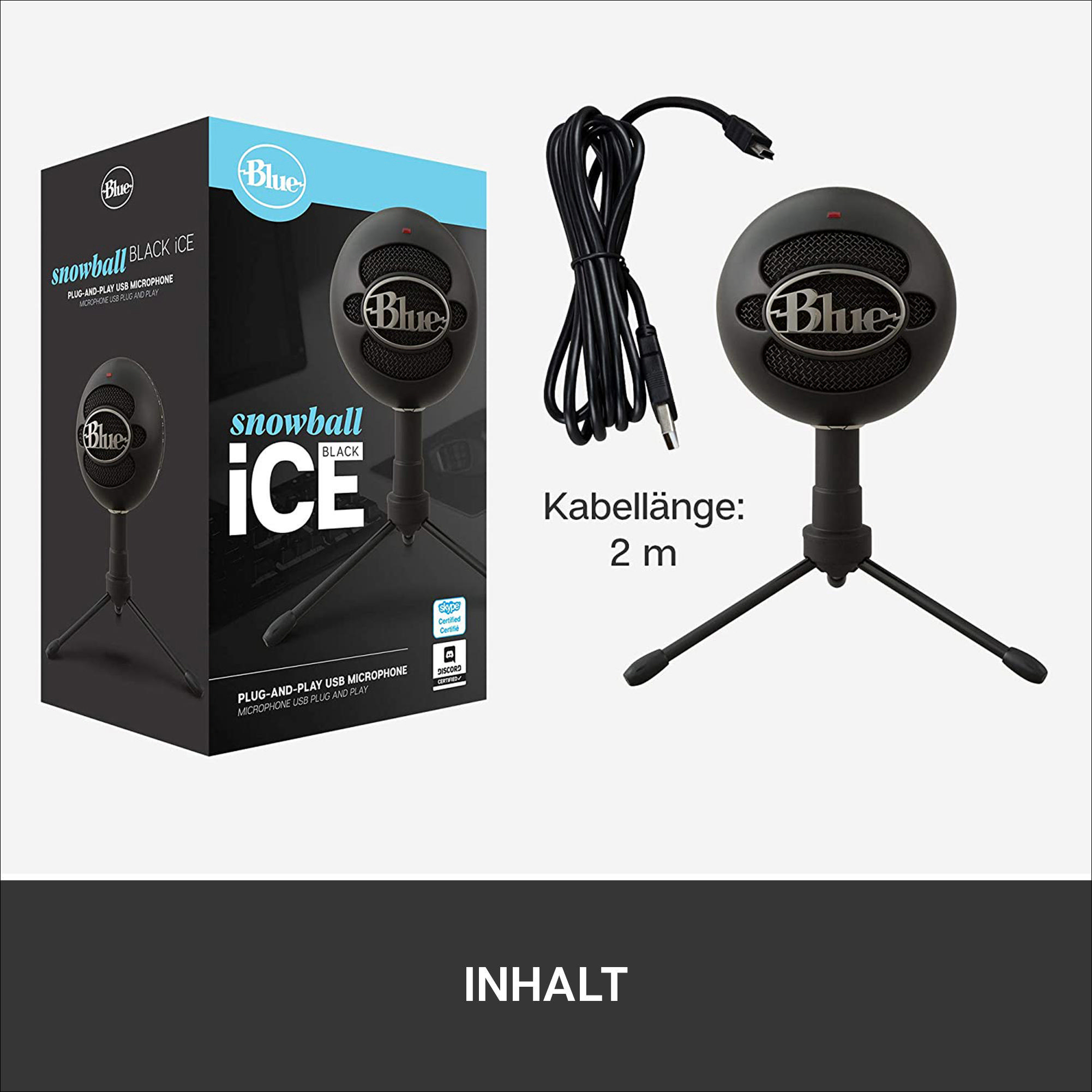 Ein schwarzes Blue Snowball iCE Mikrofon mit Ständer und Box. Auf der Box steht 'Snowball iCE'.