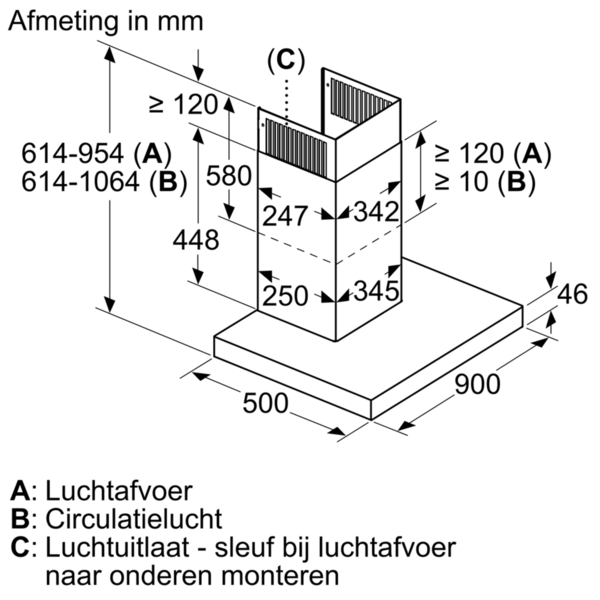 Schema van een afzuigkap met afmetingen en labels in het Nederlands.