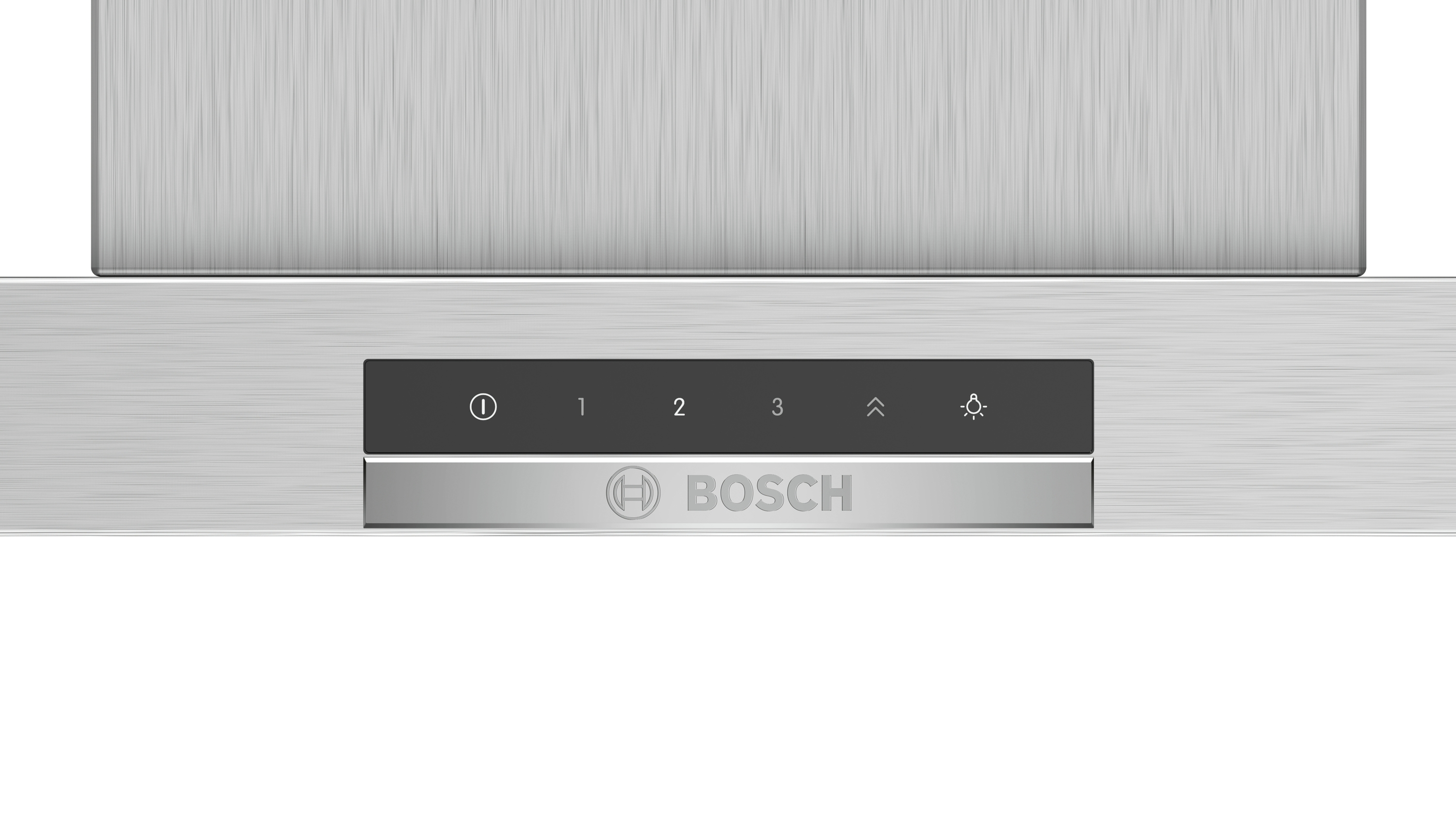 Close-up view of a stainless steel range hood with a control panel and the Bosch logo.