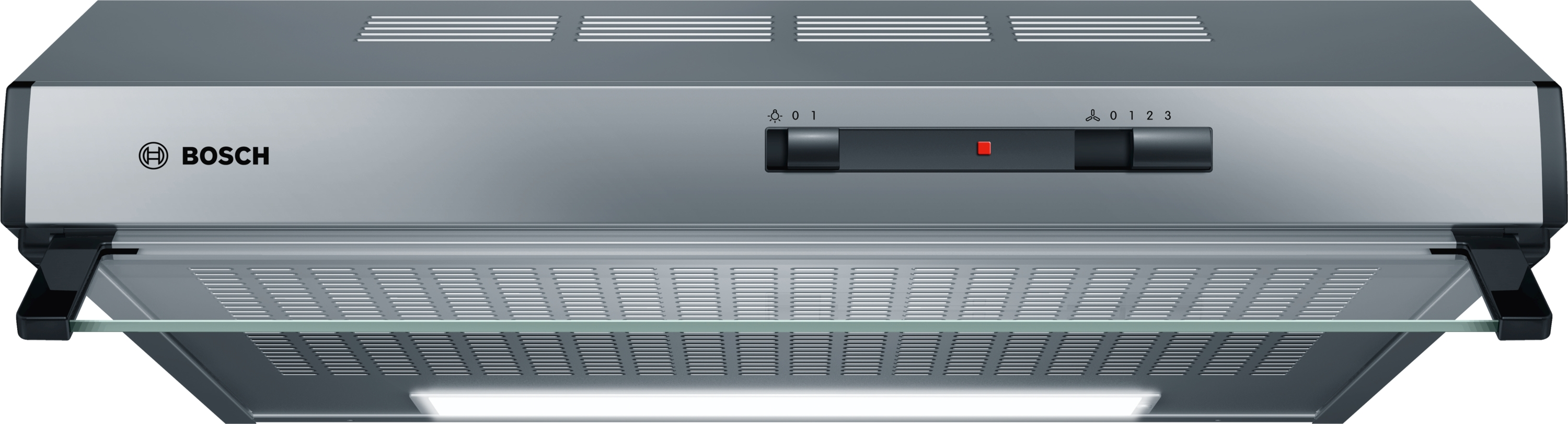 A silver range hood with a Bosch logo and control panel at the front.