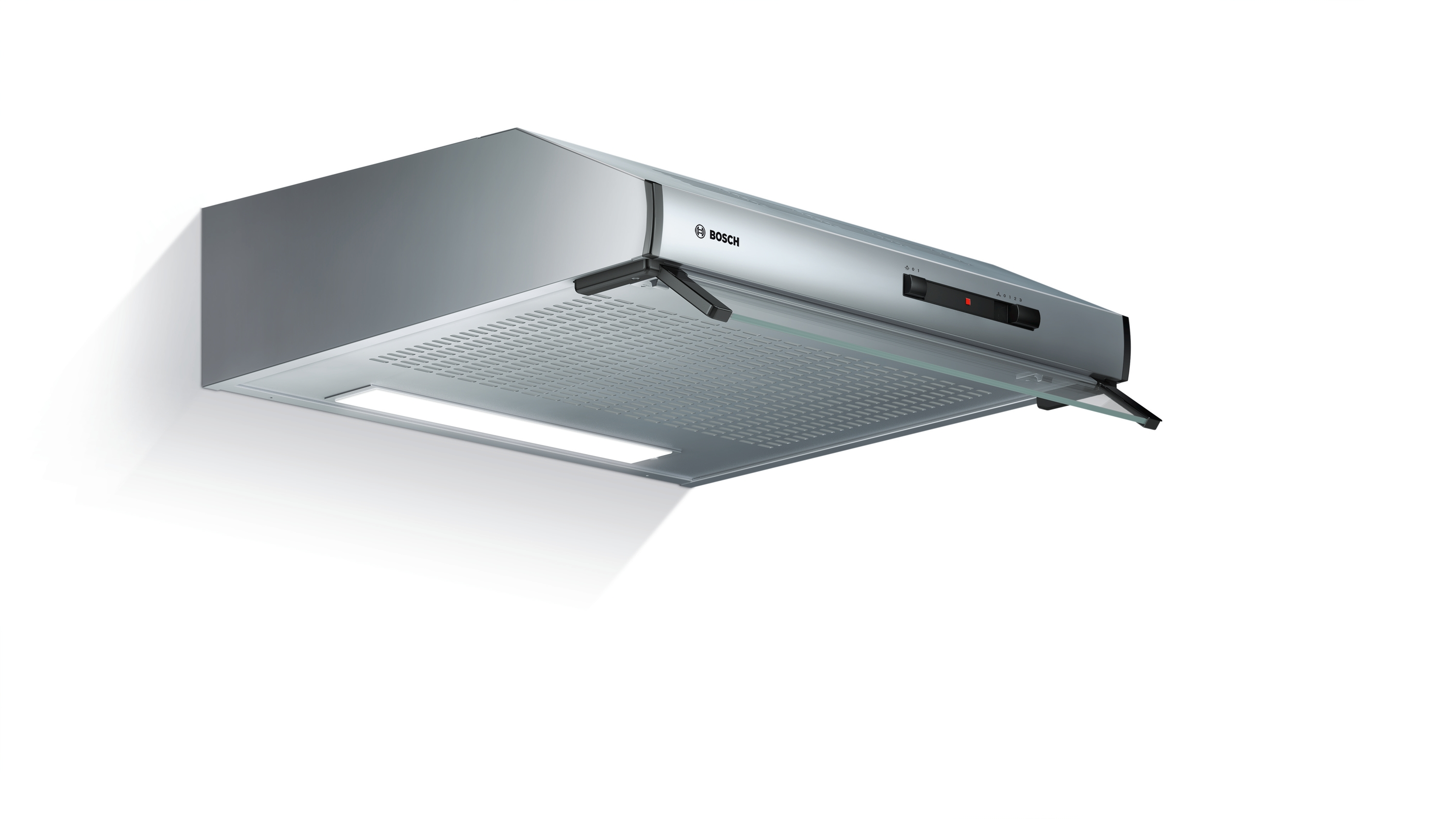 Silver range hood with a light and control panel on a white background.