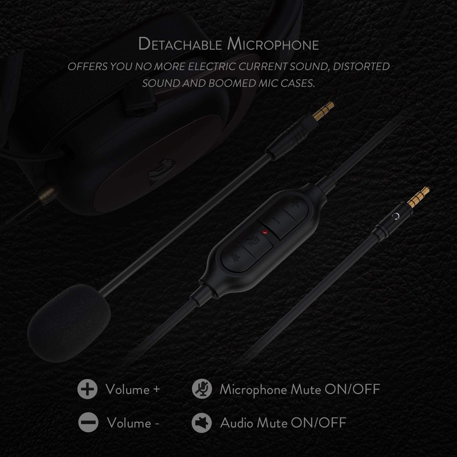 Fekete headset levehető mikrofonnal és vezérlőkkel. További kábelek és csatlakozók.