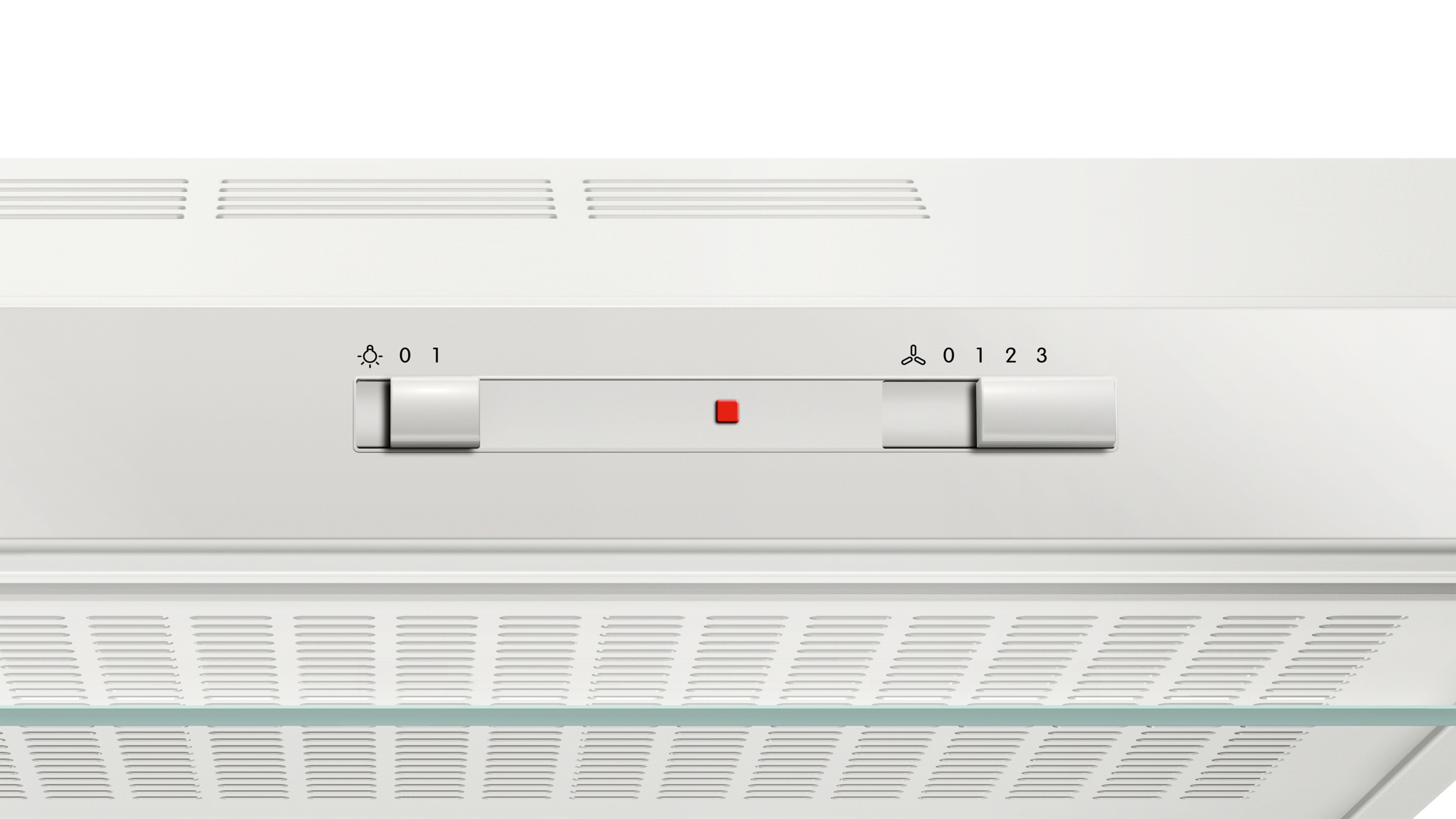 A white range hood's control panel with buttons, lights, and a red indicator, against a white background.