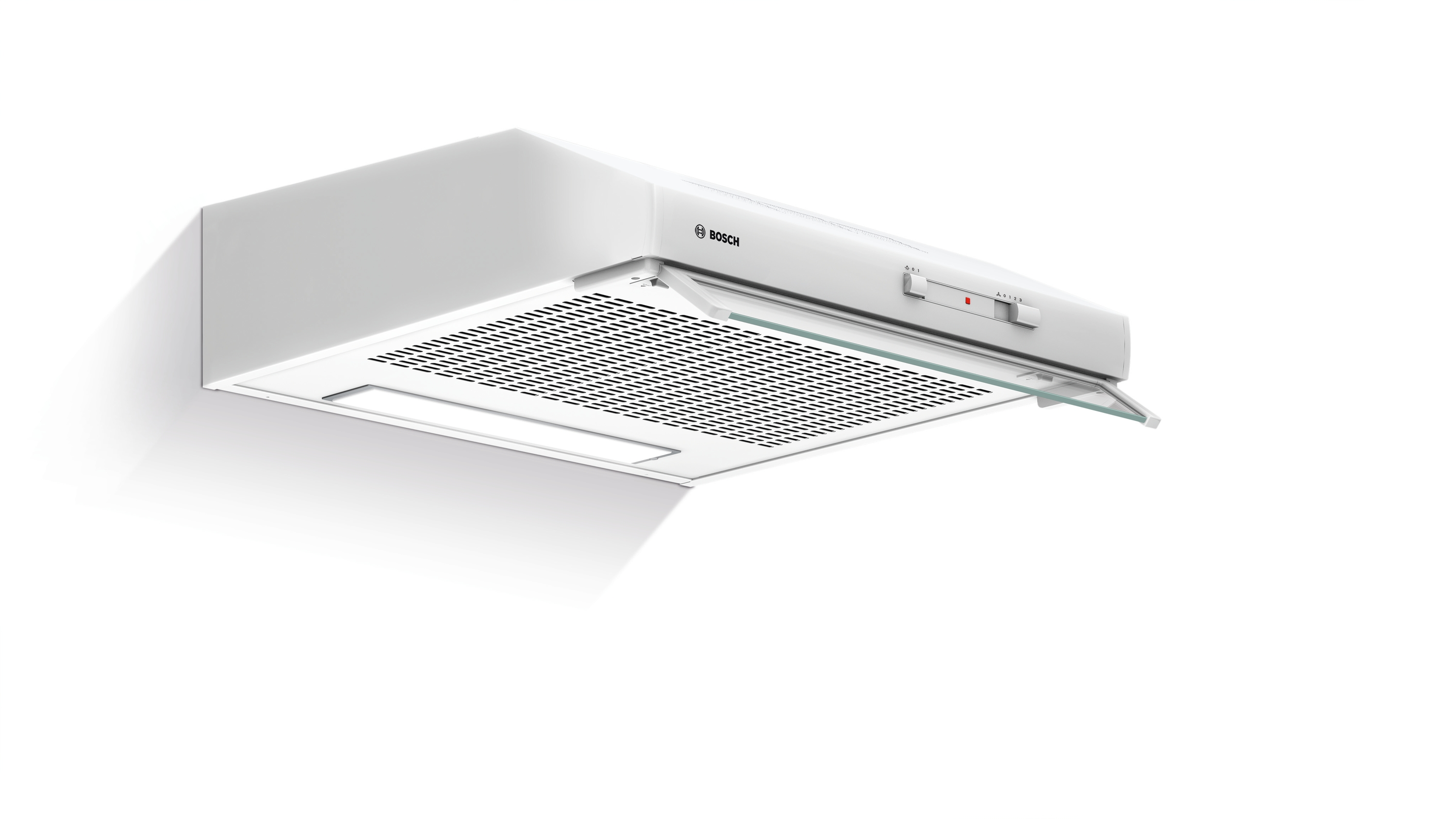 A white Bosch range hood, angled, with a light and air vents, on a white wall with a shadow.