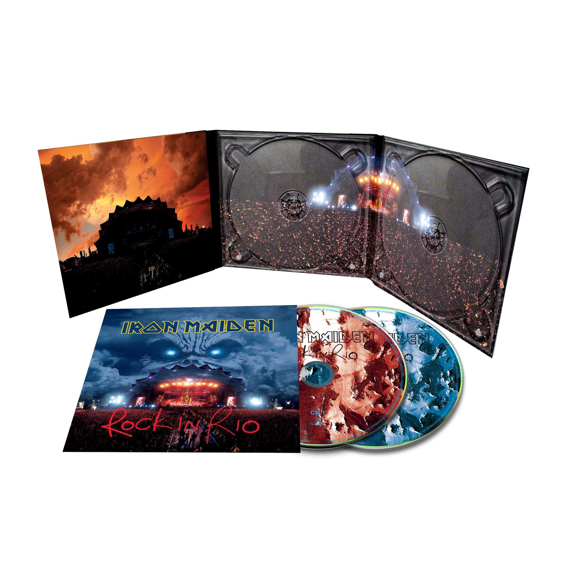 Iron Maiden 'Rock in Rio' CD-készlet borítóművészettel és két lemezzel.