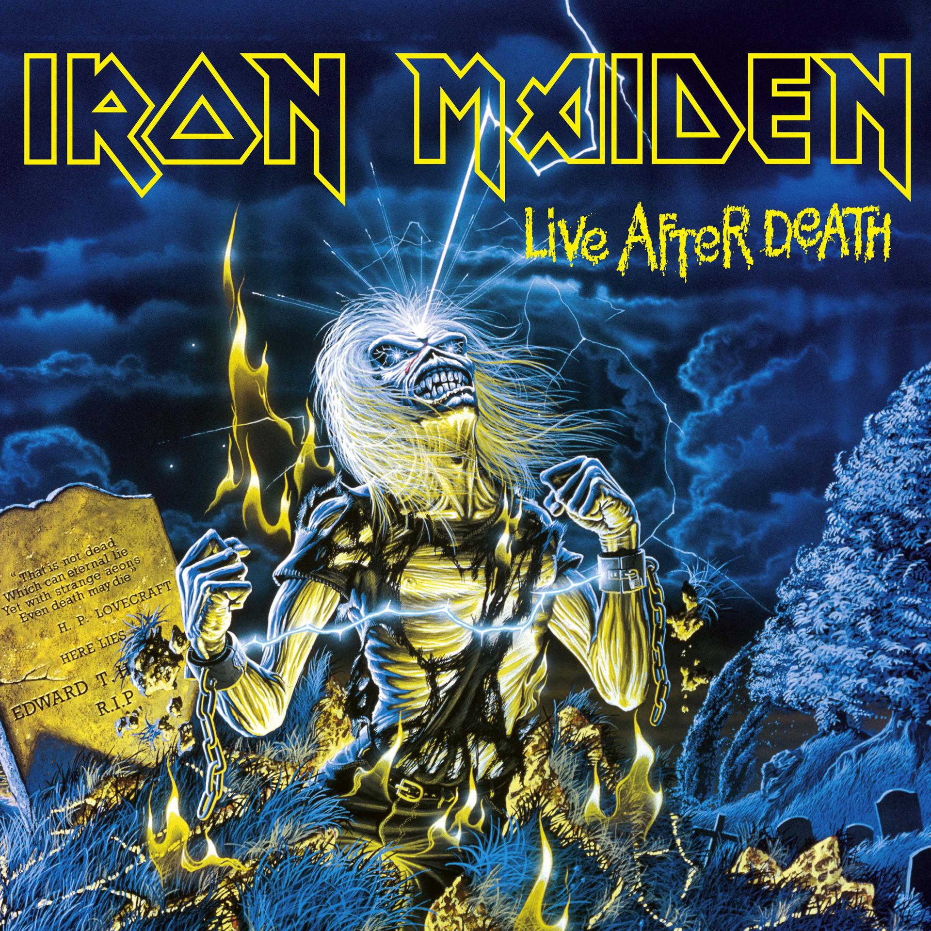 Az Iron Maiden 'Live After Death' című albumának borítója. Egy zombi emelkedik ki a sírból a temetőben.