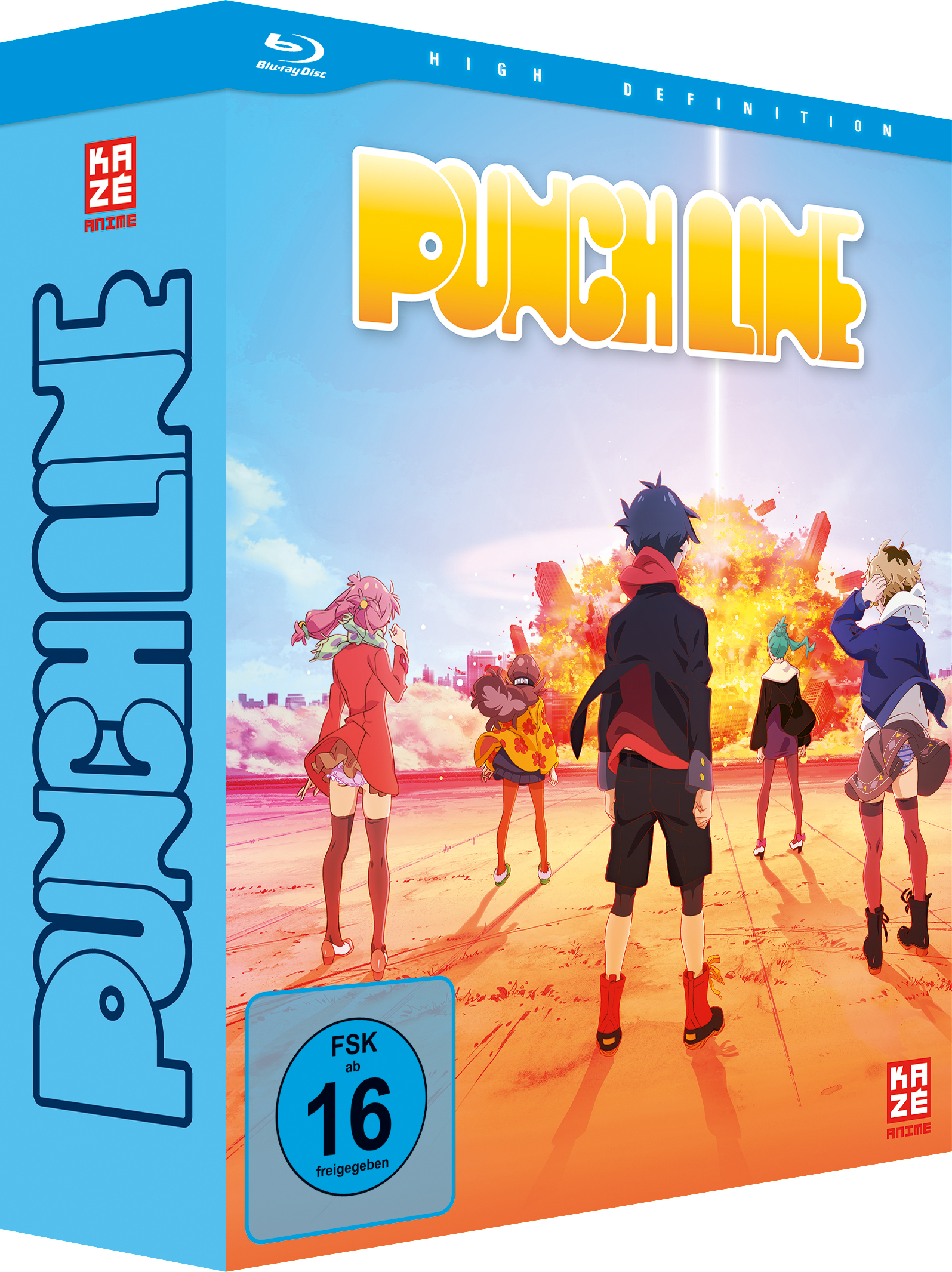 Anime-DVD-Box-Set mit mehreren Charakteren, Explosion im Hintergrund, blaue Box.