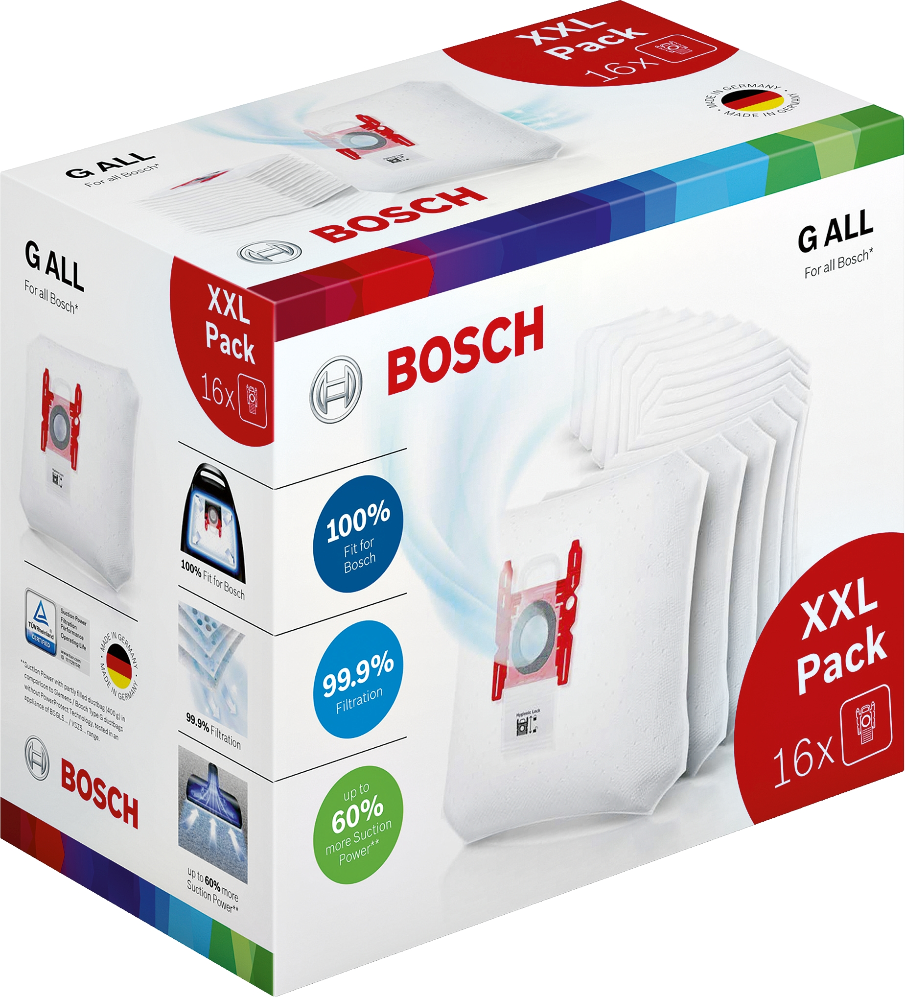 Box of Bosch vacuum cleaner bags. White bags are visible. Text includes 'XXL Pack 16x'.