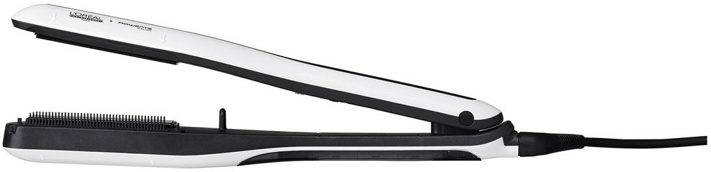 A white and black hair straightener, open, with a cord.