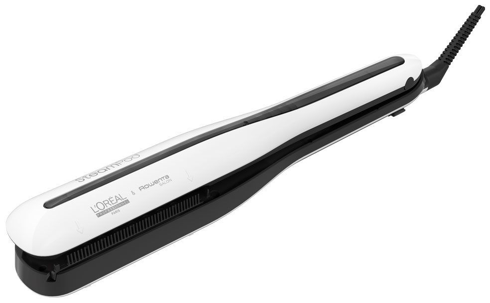 White and black hair straightener. The top is white, and the bottom is black with a handle.